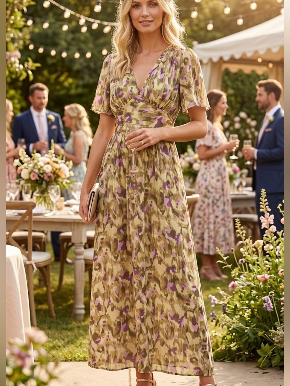 NEW Olive & Lavender Floral Flutter Sleeve V Neck Maxi Dress